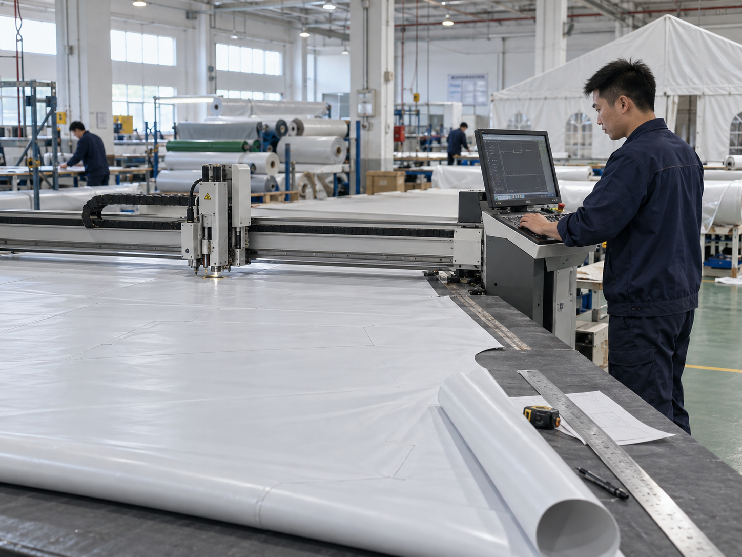 Asian factory technician cutting white PVC tent fabric