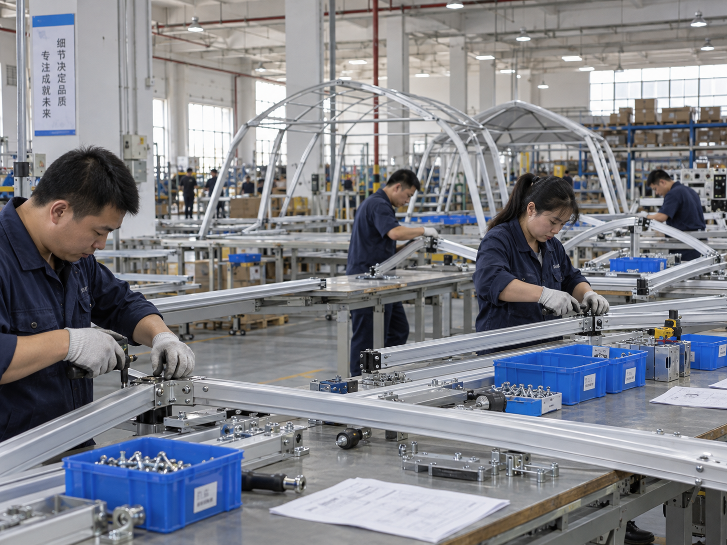 Asian workers assembling aluminium tent frames in a Shenzhen factory