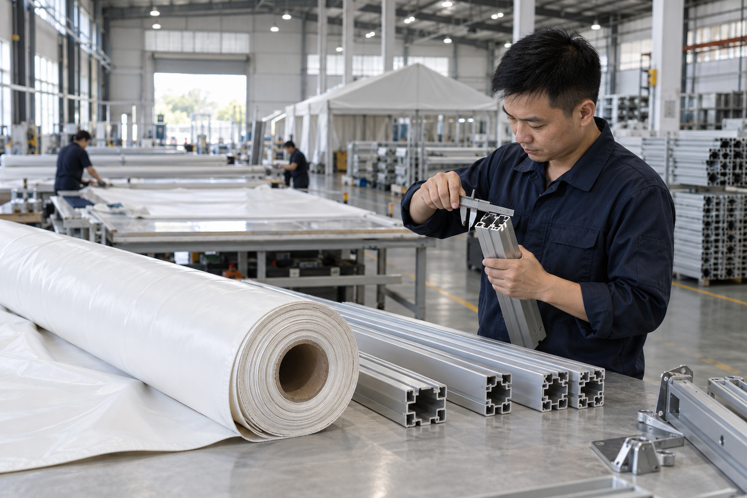 Asian quality inspector checking aluminium profile and tent fabric in a Shenzhen tent factory
