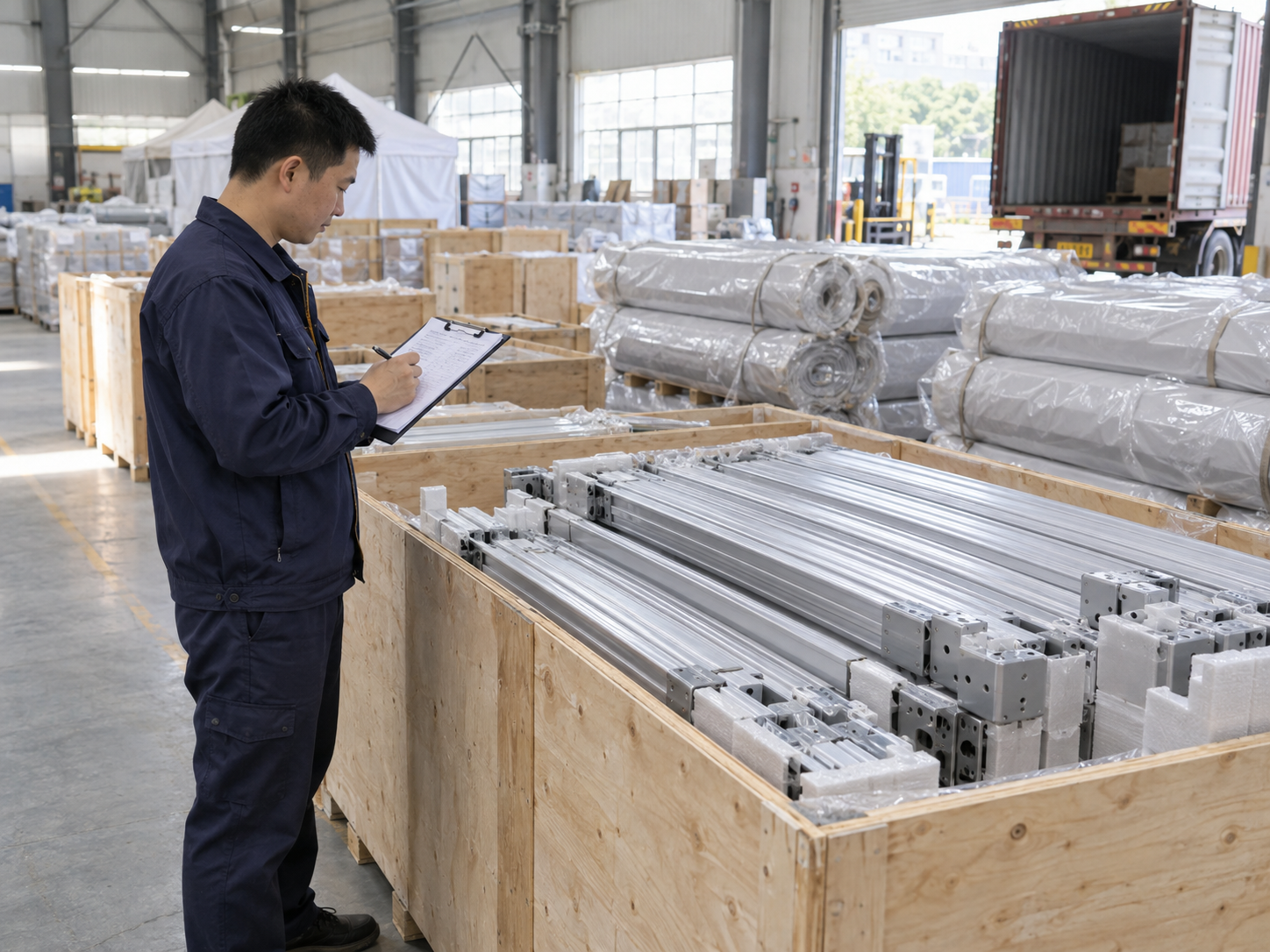 Asian inspector reviewing export packing for tent components